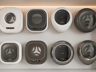 Modern Washing Machines With Various Designs And Colors Displayed On Shelf 3d model