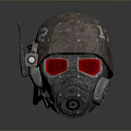 Worn Metallic Military Tactical Weapon Helmet With Gas Mask And Red Glowing Eyes