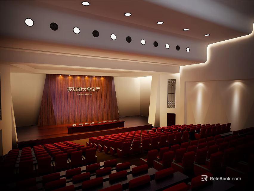 Spacious Conference Hall With Wooden Stage Red Seats And Ceiling Lighting 3d model 
