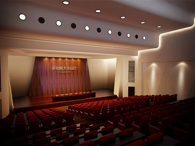 Spacious Conference Hall With Wooden Stage Red Seats And Ceiling Lighting 3d model