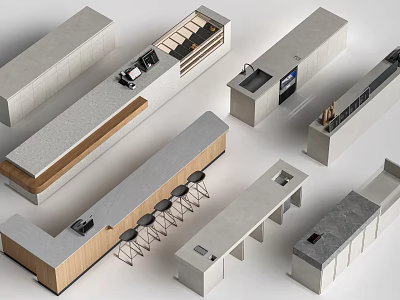 Modern Bar Designs With L shaped Linear Structures Wooden Concrete Surfaces And High Stools 3d model