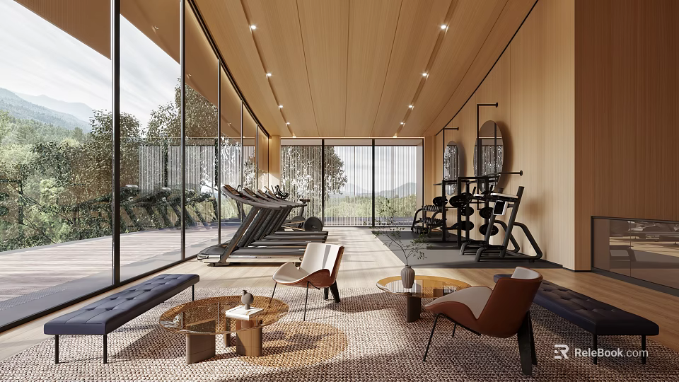 Modern Fitness Gym Interior With Treadmill Dumbbells Floor to Ceiling Windows And Lounge Area 3d model 