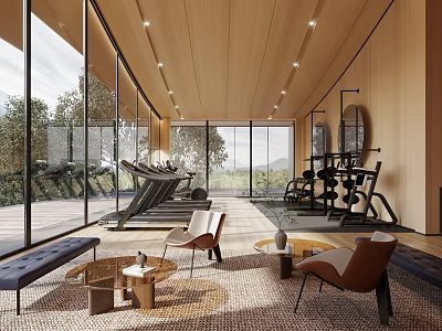 Modern Fitness Gym Interior With Treadmill Dumbbells Floor to Ceiling Windows And Lounge Area 3d model