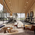 Modern Fitness Gym Interior With Treadmill Dumbbells Floor to Ceiling Windows And Lounge Area