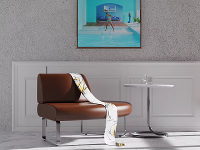 Interior Decor With Brown Leather Chair Patterned Throw Small Table And Pool Painting 3d model