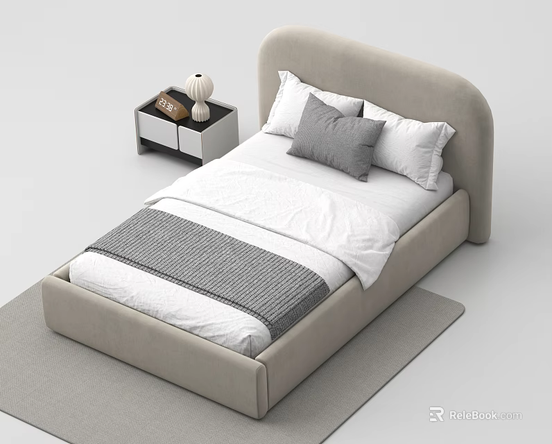 Single Bed With Curved Light Gray Headboard White Sheets Gray Blanket Nightstand And Gray Rug 3d model 