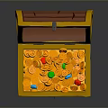 Open Yellow Wooden Treasure Chest Filled With Gold Coins And Colorful Gems
