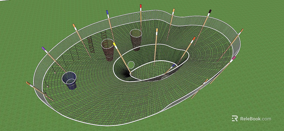 Outdoor Playground Equipment Net Climbing Structure With Poles And Bucket Elements On Green Ground 3d model 