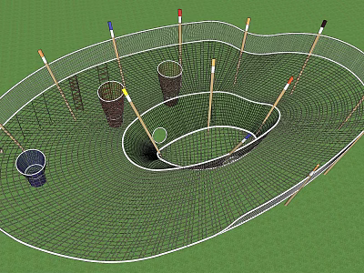 Outdoor Playground Equipment Net Climbing Structure With Poles And Bucket Elements On Green Ground 3d model