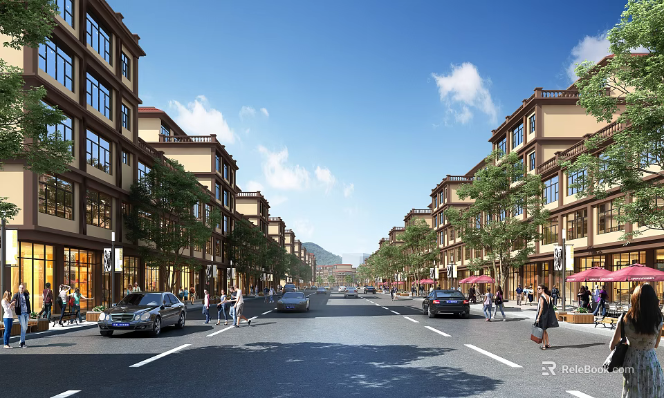Vibrant Commercial Street With Lined Buildings Trees Pedestrians And Vehicles 3d model 