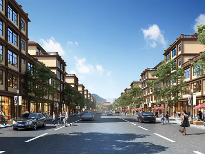 Vibrant Commercial Street With Lined Buildings Trees Pedestrians And Vehicles 3d model