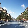 Vibrant Commercial Street With Lined Buildings Trees Pedestrians And Vehicles