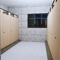 Modern Public Toilet Building With Geometric Design Glass Facade And Green Trees