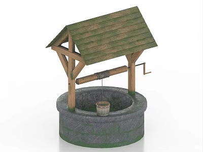 Garden Ornament Traditional Well With Wooden Roof Stone Base And Decorative Bucket 3d model