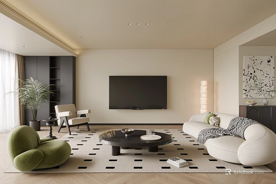 Modern Living Room Interior With Green Armchair White Sofa Black Coffee Table TV And Plant 3d model 