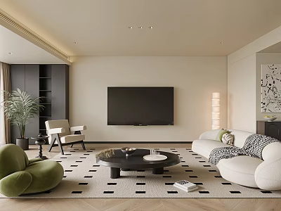 Modern Living Room Interior With Green Armchair White Sofa Black Coffee Table TV And Plant 3d model