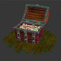 Open Wooden Treasure Chest Filled With Gold Coins And Jewels On Planks