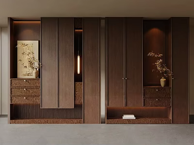 Modern Entryway Side Cabinet With Wooden Texture Drawers Storage And Decorative Vases 3d model