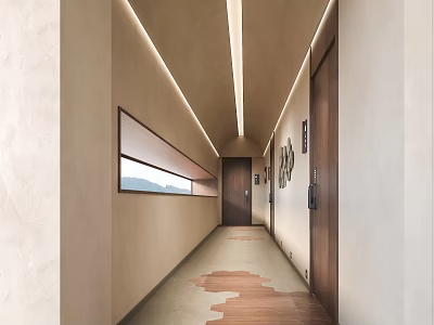 Elegant Hotel Corridor Featuring Beige Walls Recessed Lighting Wooden Doors Wall Art and Patterned Flooring 3d model