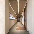 Elegant Hotel Corridor Featuring Beige Walls Recessed Lighting Wooden Doors Wall Art and Patterned Flooring