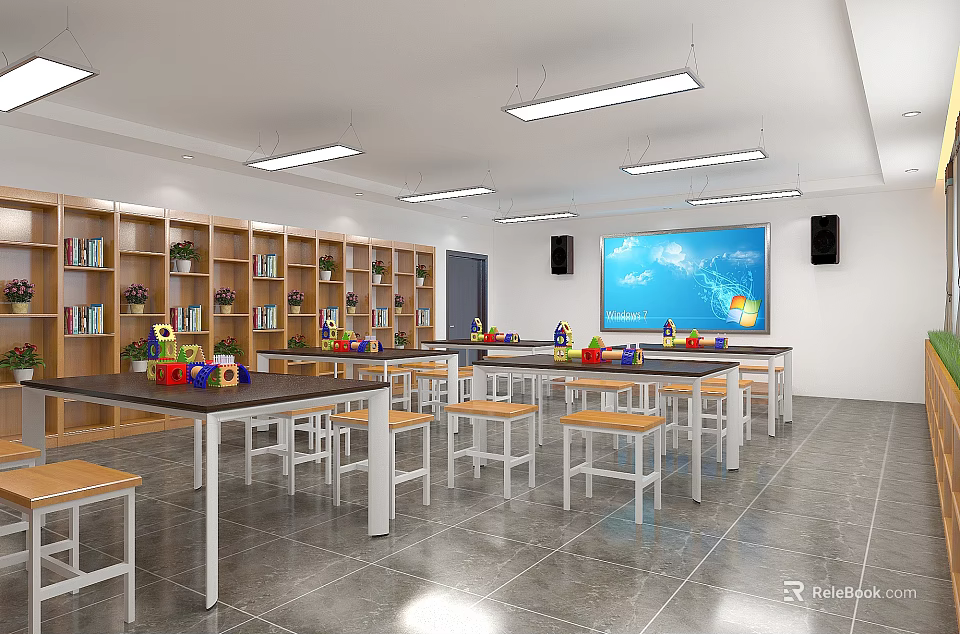 School Classroom Featuring Wooden Bookshelves Tables Chairs And Large Blue Screen 3d model 