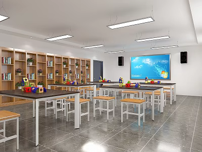 School Classroom Featuring Wooden Bookshelves Tables Chairs And Large Blue Screen 3d model
