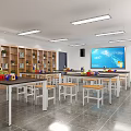 School Classroom Featuring Wooden Bookshelves Tables Chairs And Large Blue Screen