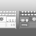 Light And Dark Display Cabinets With Bowls Cups Plates And Container Label