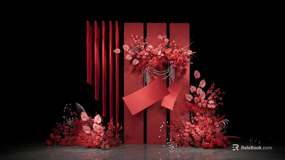 Red Themed Floral Installation With Geometric Backdrop And Hanging Ornaments 3d model 