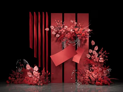 Red Themed Floral Installation With Geometric Backdrop And Hanging Ornaments 3d model