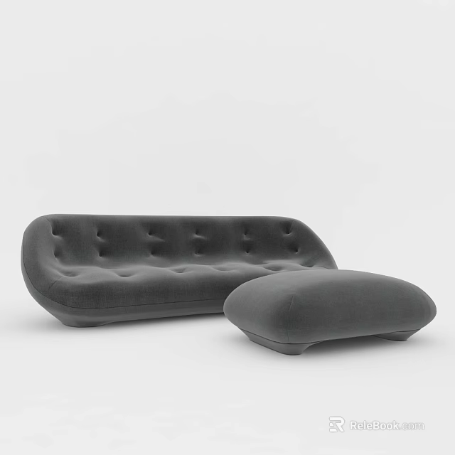 Modern Gray Velvet Sofa With Button Tufted Design And Matching Curved Ottoman Coffee Table 3d model 
