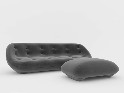 Modern Gray Velvet Sofa With Button Tufted Design And Matching Curved Ottoman Coffee Table 3d model