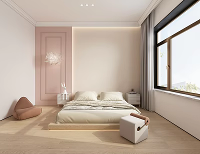 Cozy Kids Room Interior With Pink Walls Bed Pillows Large Window And Wooden Floor 3d model