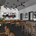 Cozy Restaurant Interior With Wooden Tables Chairs Chandeliers Bar Counter And Green Plant