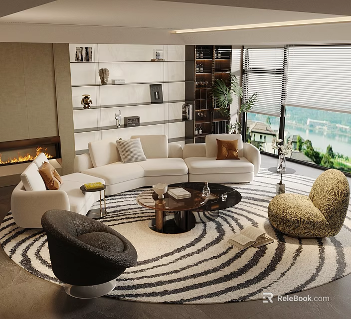 Modern Living Room Sofa Coffee Table Set With L shaped Sofa Round Table Striped Rug 3d model 