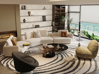 Modern Living Room Sofa Coffee Table Set With L shaped Sofa Round Table Striped Rug 3d model