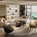 Modern Living Room Sofa Coffee Table Set With L shaped Sofa Round Table Striped Rug