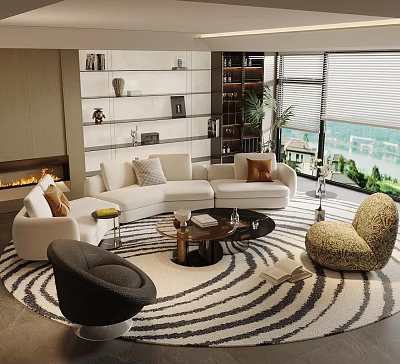 Modern Living Room Sofa Coffee Table Set With L shaped Sofa Round Table Striped Rug 3d model
