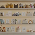 Adorable Plush Toys Display on Multi Layered Shelves with Picture Frames Books and Baskets