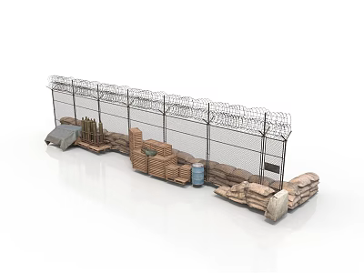 Barbed Wire Fence With Wooden Crates Sandbags And Secure Storage Setup 3d model