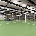 Elevator Aisle in Warehouse with Green Floor White Fence and Stacked Cargo Shelves