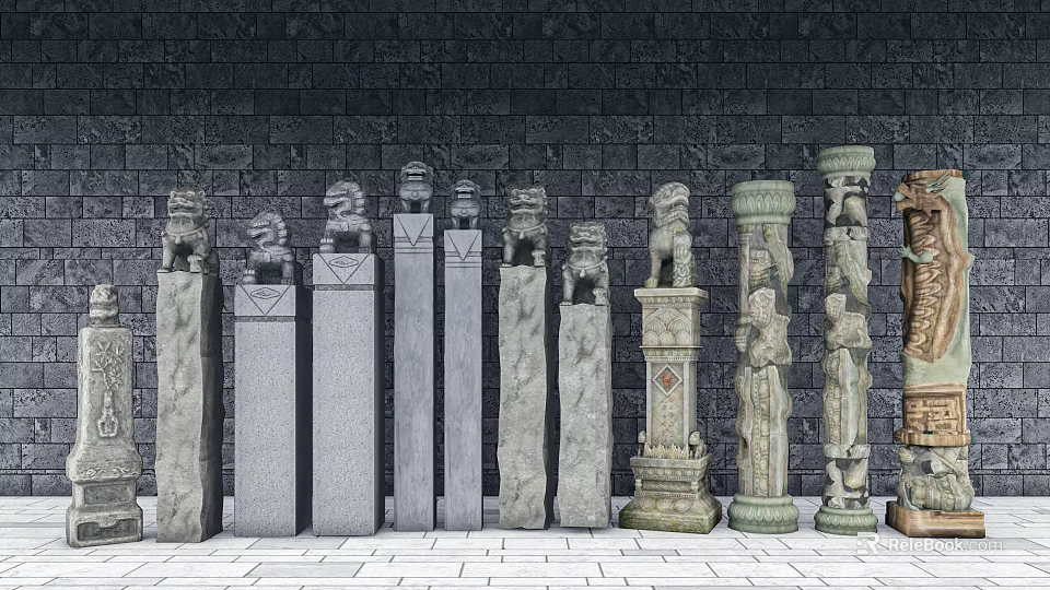 Various Styles Of Stone Carved Pillars With Grey Brick Wall And Floor 3d model 