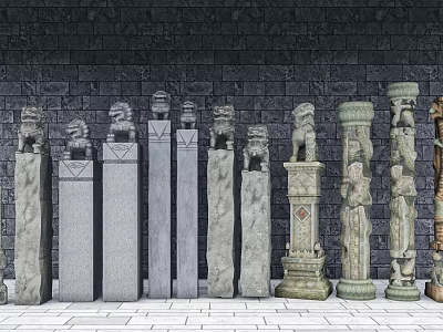 Various Styles Of Stone Carved Pillars With Grey Brick Wall And Floor 3d model