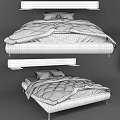 Double Bed with Blue Quilt Striped Bed Sheet Light Gray Mattress and Pillows