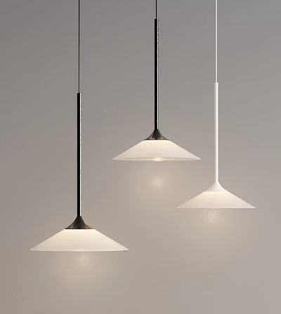 Three Modern Pendant Lights With White Shades And Black Bases In Minimalist Style 3d model