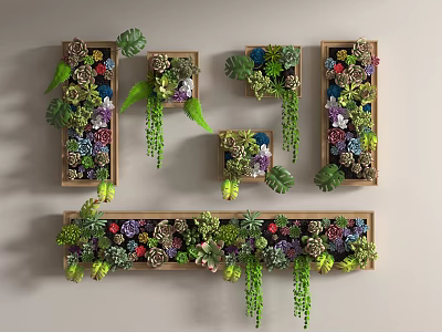 Decorative Green Plant Wall with Wooden Frames Succulents Hanging Vines and Various Colors 3d model
