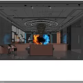 Modern Luxurious Bar Interior With Crystal Chandelier Circular Light Rings And Fire Light Effects