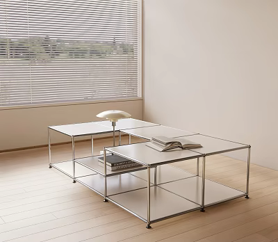 Modern Minimalist Coffee Table With Glass Top Metal Frame Books And Lamp In Room 3d model