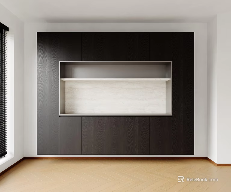 Modern Dark Wooden Sideboard With Open White Middle Section In Living Room With Light Floor 3d model 