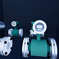 Three Silver And Green Flowmeters With Dials And Connecting Flanges In Blue Corner Background